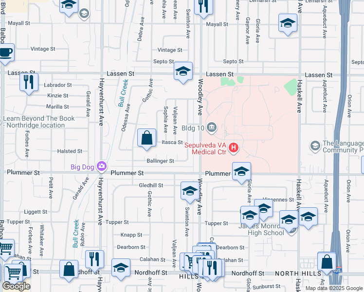 map of restaurants, bars, coffee shops, grocery stores, and more near 16248 Itasca Street in Los Angeles
