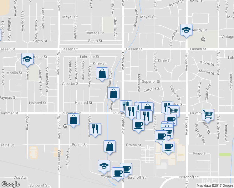map of restaurants, bars, coffee shops, grocery stores, and more near 9642 Jumilla Avenue in Los Angeles