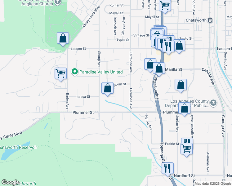 map of restaurants, bars, coffee shops, grocery stores, and more near 9612 Rudnick Avenue in Los Angeles