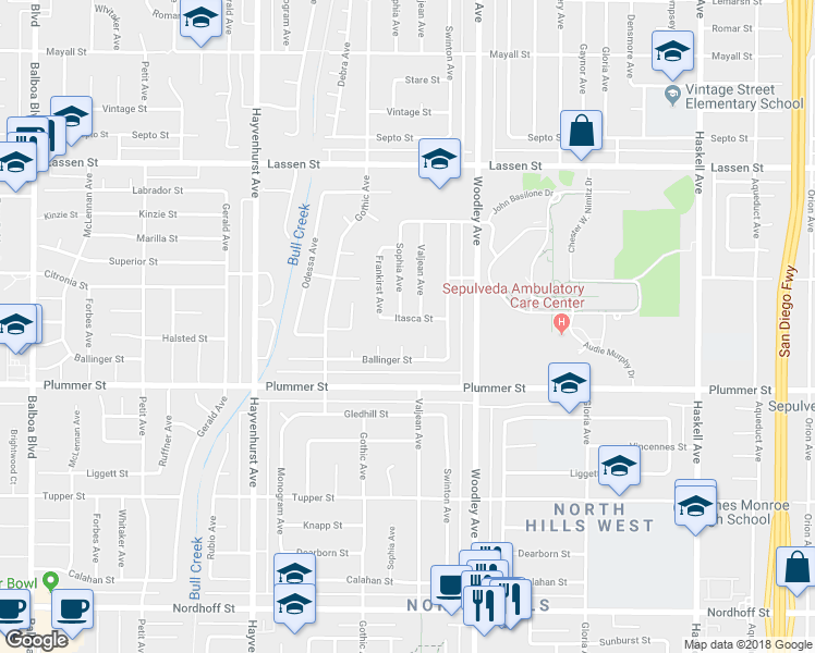 map of restaurants, bars, coffee shops, grocery stores, and more near 16312 Itasca Street in Los Angeles