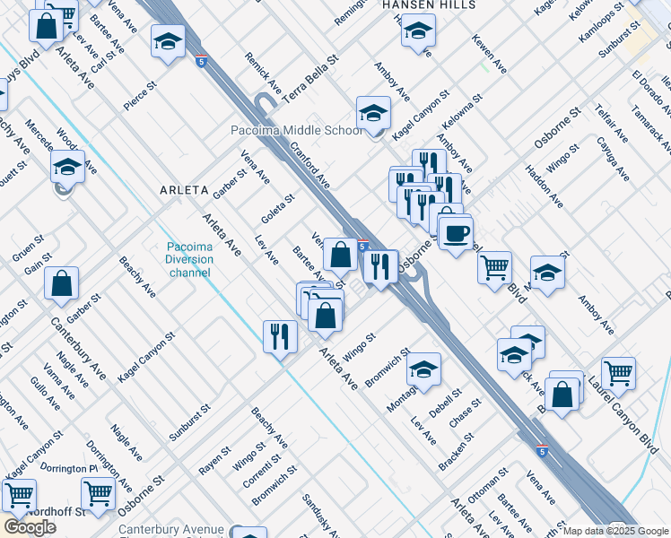 map of restaurants, bars, coffee shops, grocery stores, and more near 9627 Vena Avenue in Los Angeles