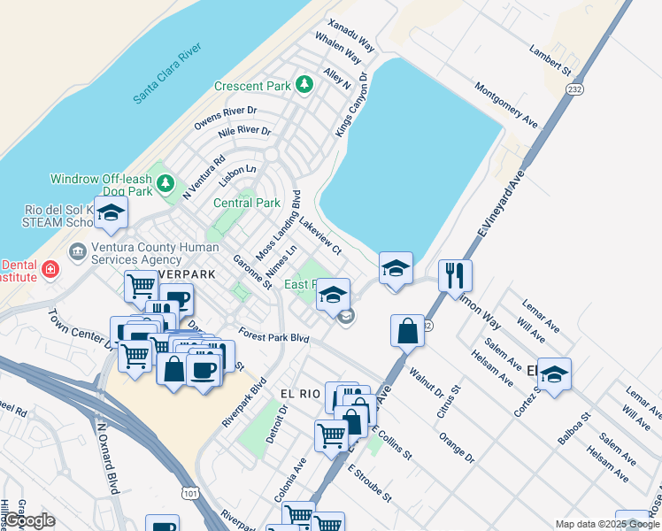 map of restaurants, bars, coffee shops, grocery stores, and more near 355 Kiawah River Drive in Oxnard