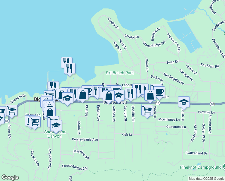 map of restaurants, bars, coffee shops, grocery stores, and more near 423 Mountainaire Lane in Big Bear Lake
