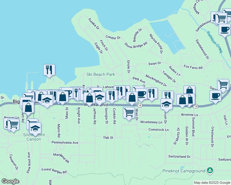 map of restaurants, bars, coffee shops, grocery stores, and more near 425 Conklin Road in Big Bear Lake