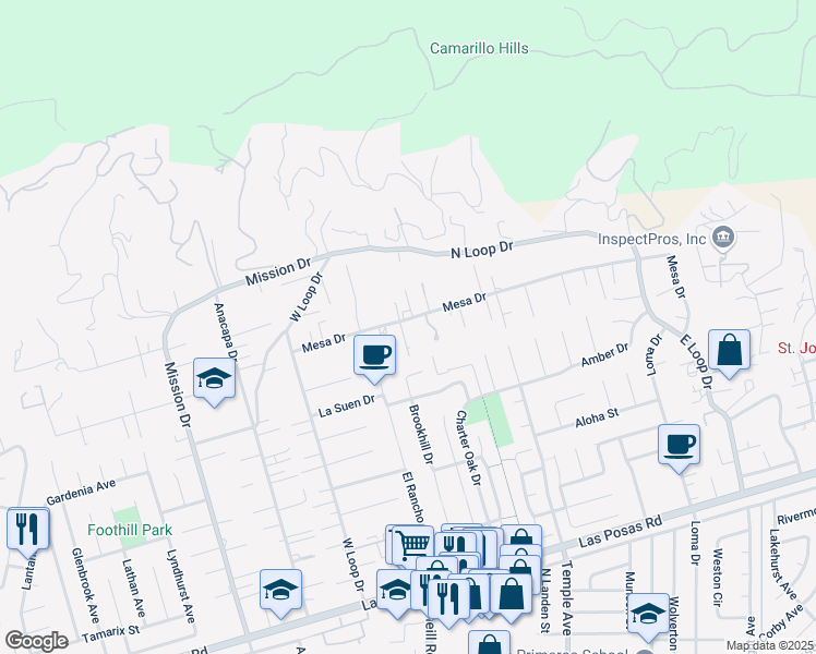 map of restaurants, bars, coffee shops, grocery stores, and more near 579 Plateau Court in Camarillo