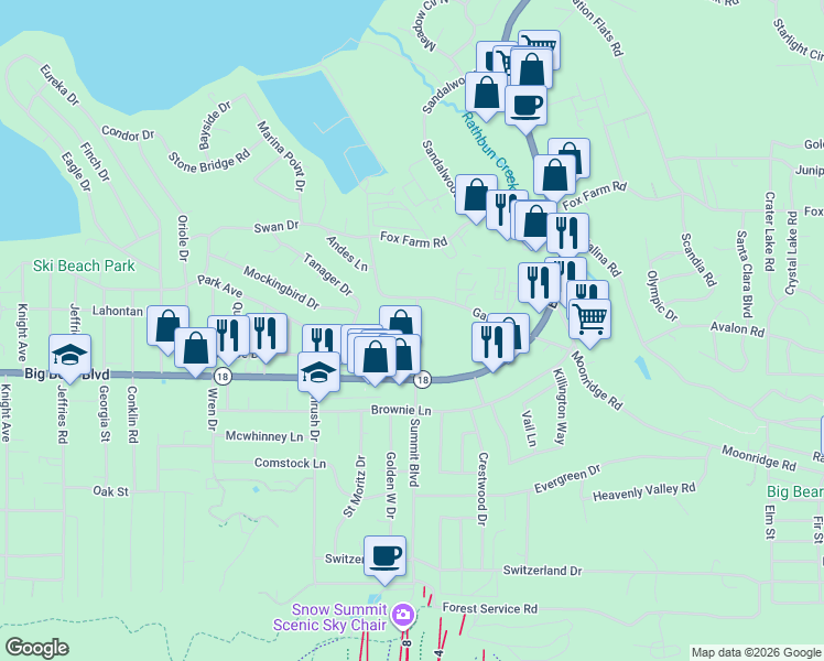 map of restaurants, bars, coffee shops, grocery stores, and more near 41860 Park Avenue in Big Bear Lake