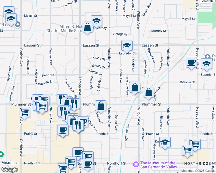 map of restaurants, bars, coffee shops, grocery stores, and more near 9601 Vanalden Avenue in Los Angeles