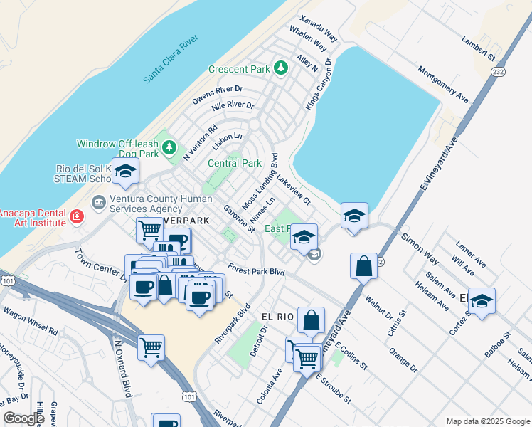 map of restaurants, bars, coffee shops, grocery stores, and more near 3084 Nimes Lane in Oxnard