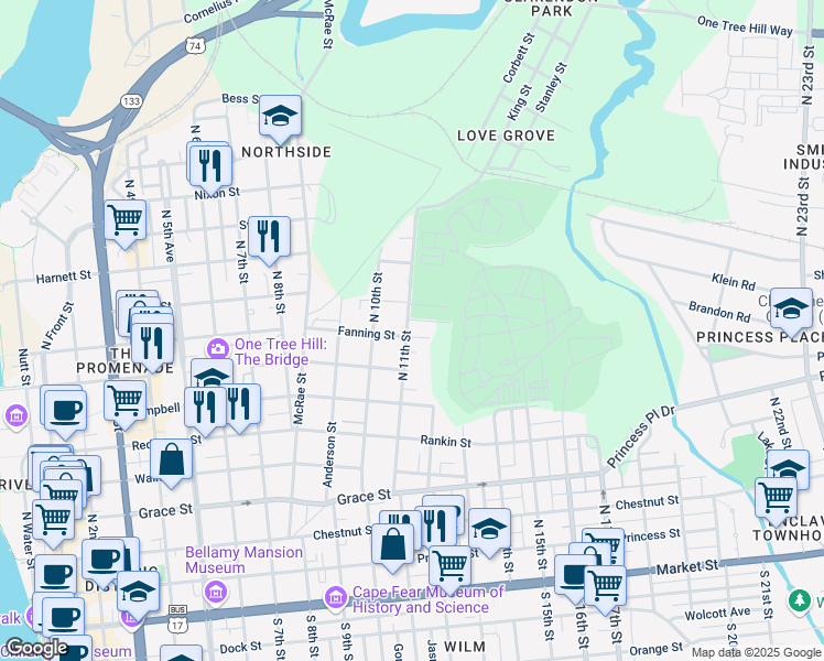 map of restaurants, bars, coffee shops, grocery stores, and more near 1105 Fanning Street in Wilmington