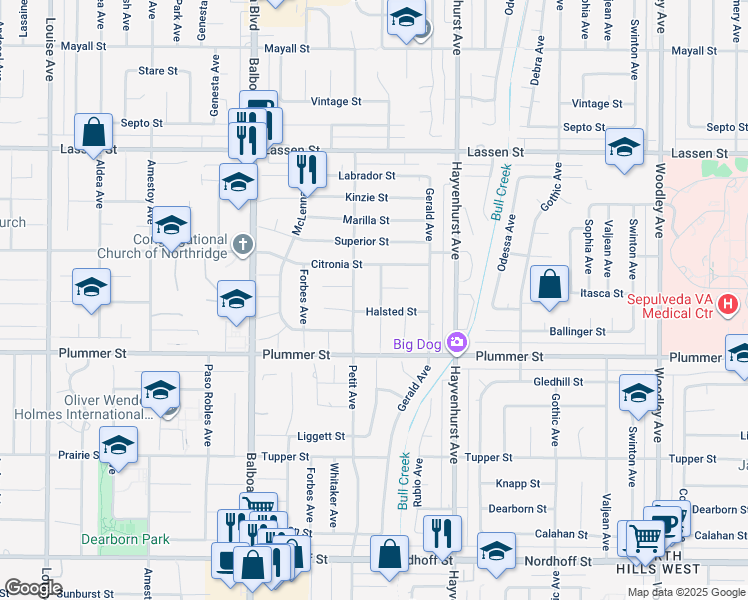 map of restaurants, bars, coffee shops, grocery stores, and more near 9605 Ruffner Avenue in Los Angeles