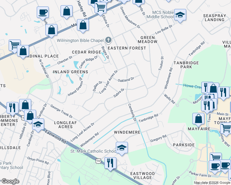 map of restaurants, bars, coffee shops, grocery stores, and more near 201 Dallas Dr in Wilmington