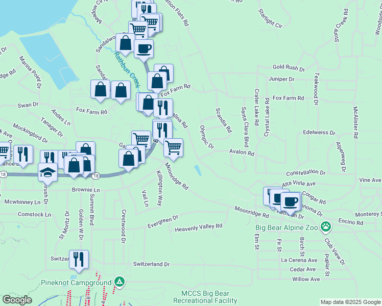 map of restaurants, bars, coffee shops, grocery stores, and more near 400 Catalina Road in Big Bear Lake