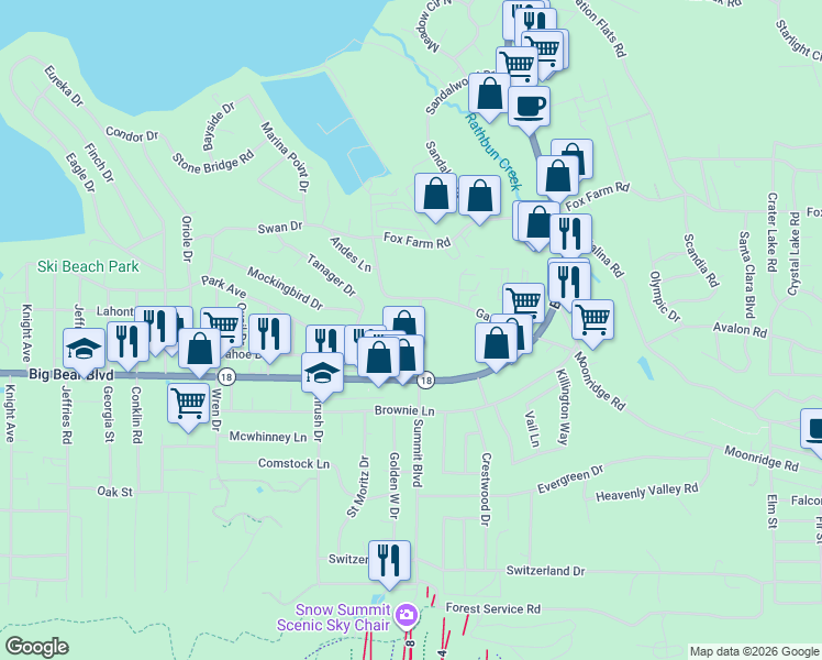 map of restaurants, bars, coffee shops, grocery stores, and more near 41860 Park Avenue in Big Bear Lake