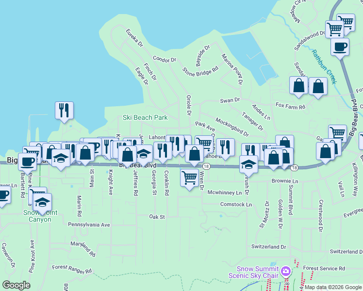 map of restaurants, bars, coffee shops, grocery stores, and more near 421 Eureka Drive in Big Bear Lake