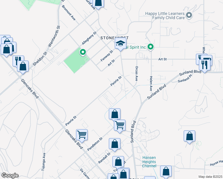 map of restaurants, bars, coffee shops, grocery stores, and more near 11024 Peoria Street in Los Angeles