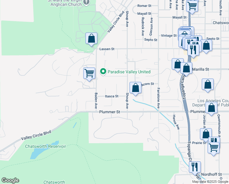 map of restaurants, bars, coffee shops, grocery stores, and more near 9617 Sagebrush Avenue in Los Angeles