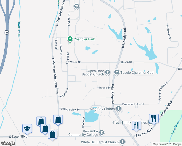 map of restaurants, bars, coffee shops, grocery stores, and more near 1001-1099 Pauline Street in Tupelo