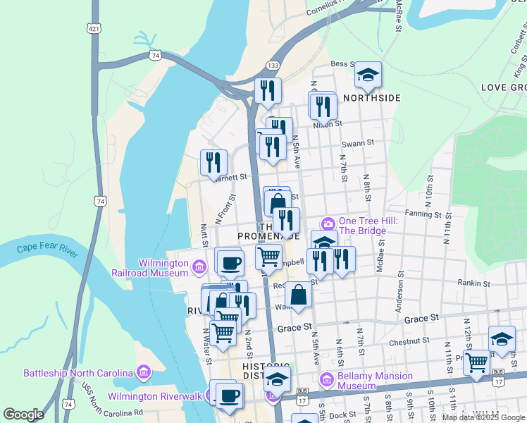 map of restaurants, bars, coffee shops, grocery stores, and more near 814 North 3rd Street in Wilmington