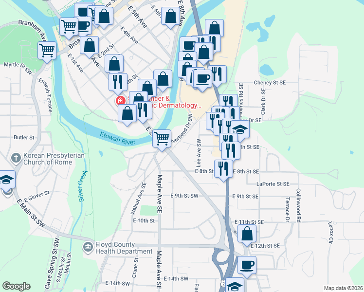 map of restaurants, bars, coffee shops, grocery stores, and more near 206 East 7th Street Southwest in Rome