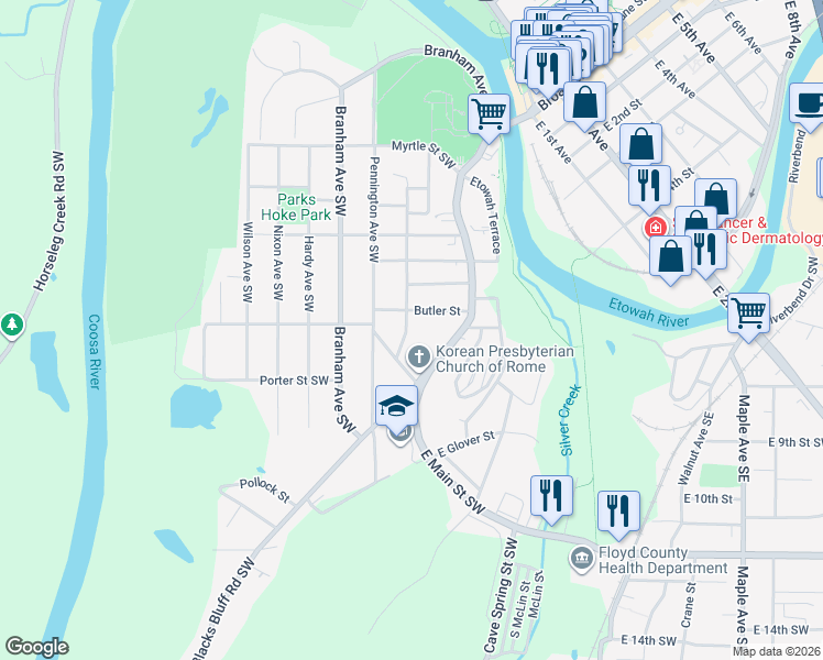 map of restaurants, bars, coffee shops, grocery stores, and more near 508 Harper Avenue Southwest in Rome