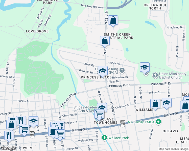 map of restaurants, bars, coffee shops, grocery stores, and more near 2216 Brandon Road in Wilmington