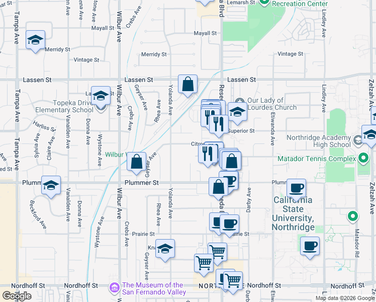 map of restaurants, bars, coffee shops, grocery stores, and more near 18620 Citronia Street in Los Angeles