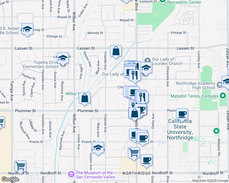 map of restaurants, bars, coffee shops, grocery stores, and more near 18628 Citronia Street in Los Angeles