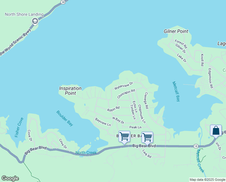map of restaurants, bars, coffee shops, grocery stores, and more near 39095 Waterview Drive in Big Bear Lake