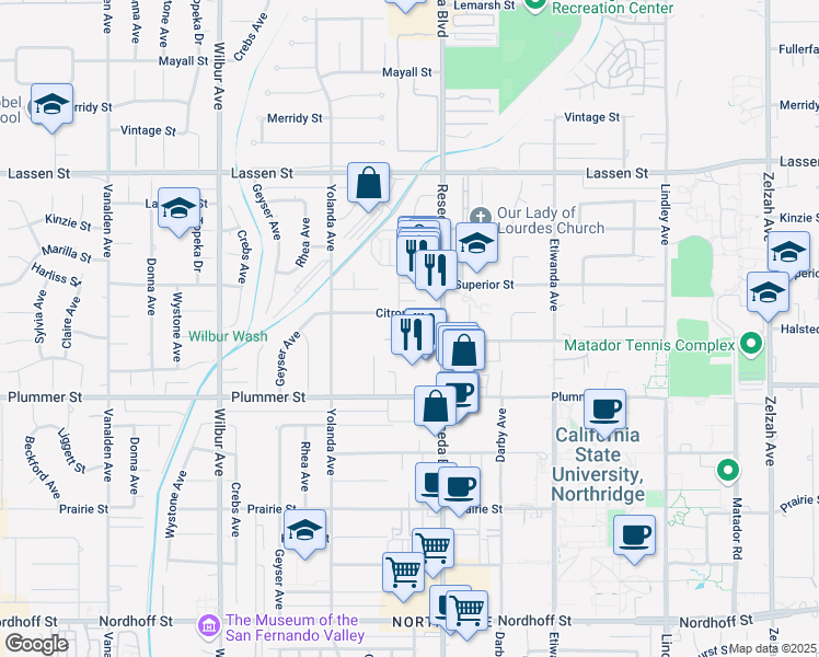 map of restaurants, bars, coffee shops, grocery stores, and more near 18540 Citronia Street in Los Angeles