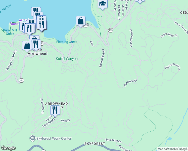 map of restaurants, bars, coffee shops, grocery stores, and more near 28591 Wabash Drive in Lake Arrowhead