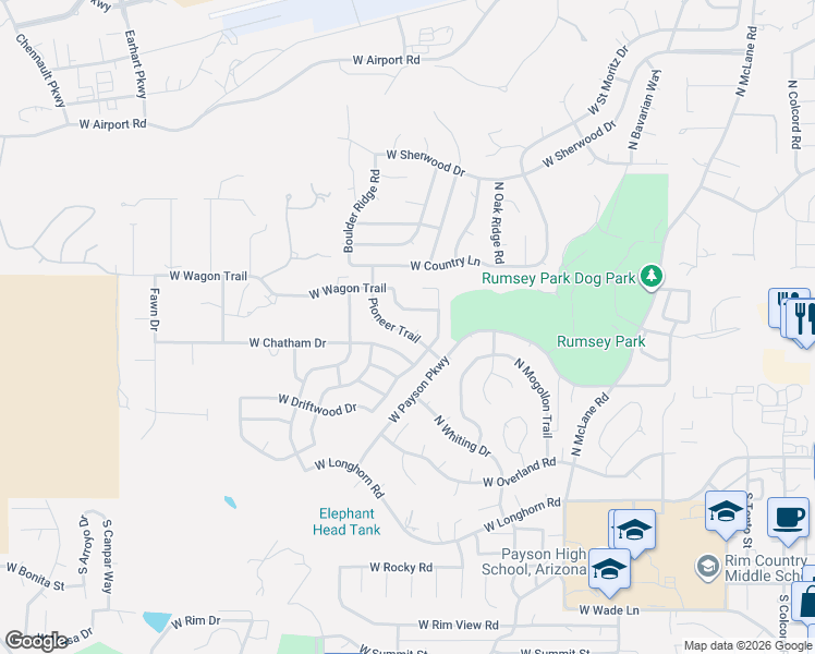 map of restaurants, bars, coffee shops, grocery stores, and more near 313 Pioneer Trail in Payson
