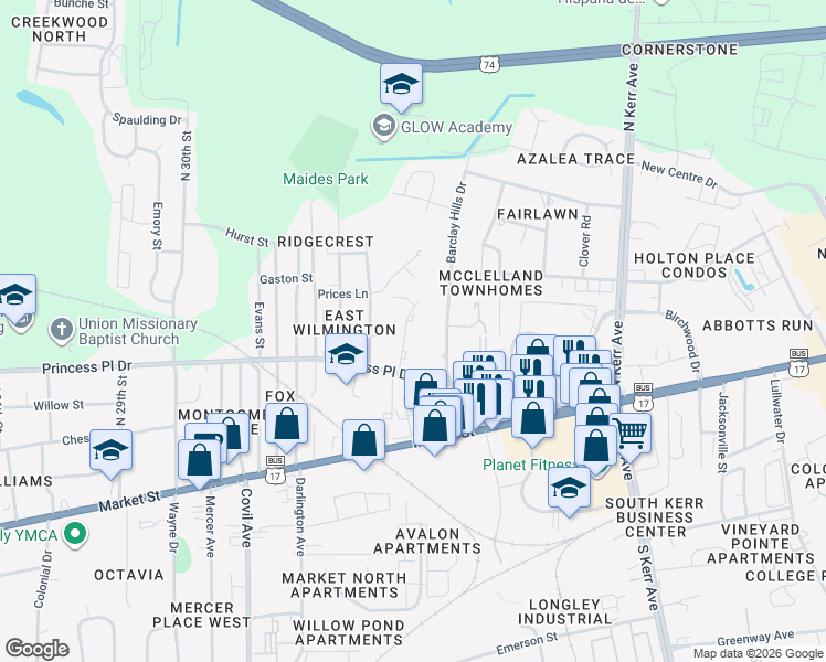 map of restaurants, bars, coffee shops, grocery stores, and more near 240 Greendale Drive in Wilmington