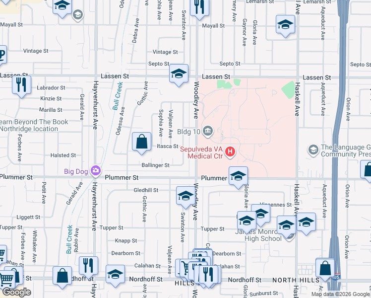 map of restaurants, bars, coffee shops, grocery stores, and more near 9604 Swinton Avenue in Los Angeles