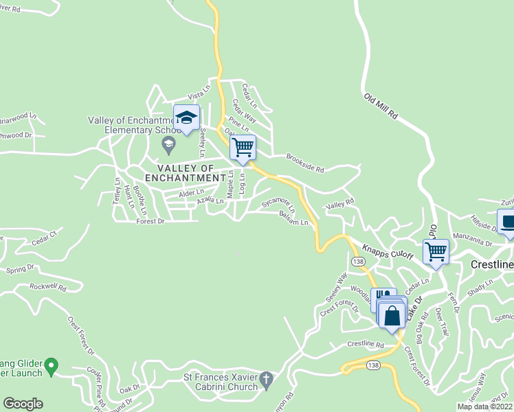 map of restaurants, bars, coffee shops, grocery stores, and more near 23064 Sycamore Lane in Crestline