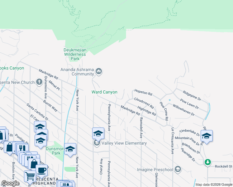 map of restaurants, bars, coffee shops, grocery stores, and more near 5341 Quail Canyon Road in Glendale