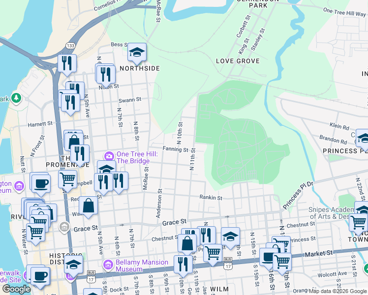 map of restaurants, bars, coffee shops, grocery stores, and more near 801-899 North 10th Street in Wilmington