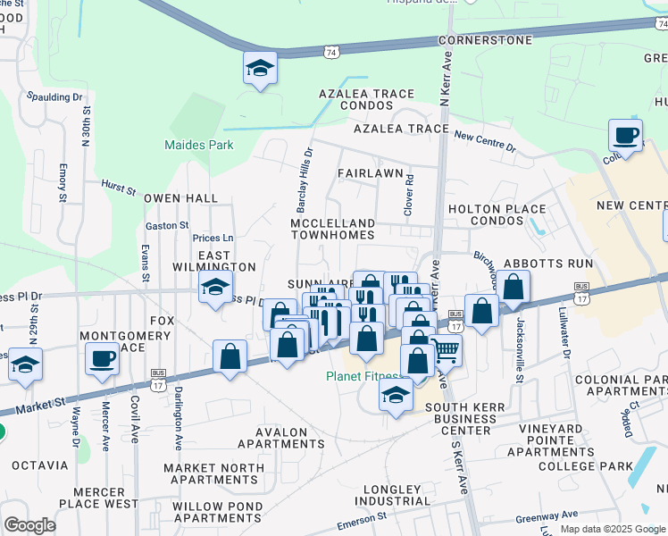 map of restaurants, bars, coffee shops, grocery stores, and more near 309 Saint Rosea Road in Wilmington