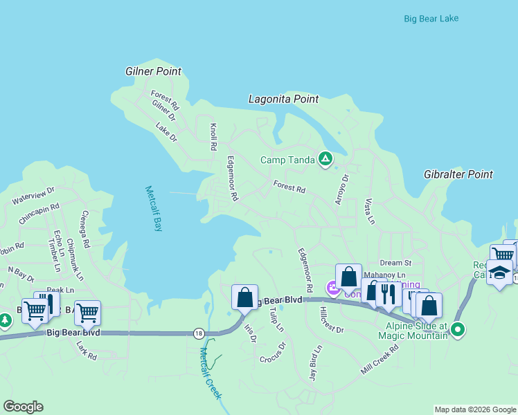 map of restaurants, bars, coffee shops, grocery stores, and more near 425 Castella Lane in Big Bear Lake