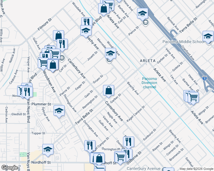 map of restaurants, bars, coffee shops, grocery stores, and more near 14007 Remington Street in Los Angeles