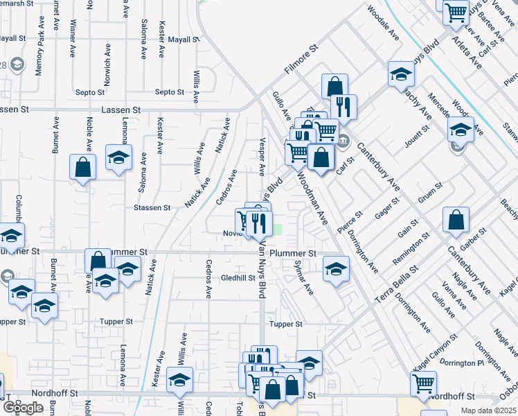 map of restaurants, bars, coffee shops, grocery stores, and more near 9605 Van Nuys Boulevard in Los Angeles