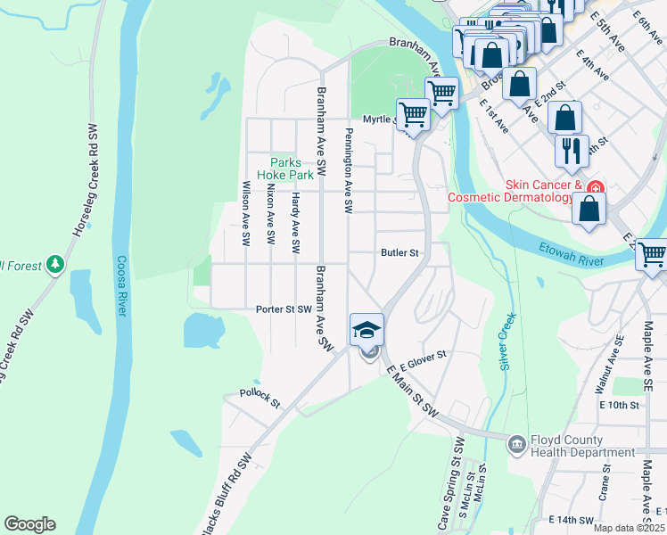 map of restaurants, bars, coffee shops, grocery stores, and more near 3 Grover Street Southwest in Rome
