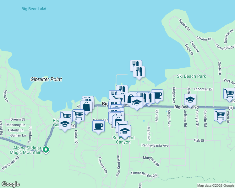 map of restaurants, bars, coffee shops, grocery stores, and more near 400 Pine Knot Avenue in Big Bear Lake