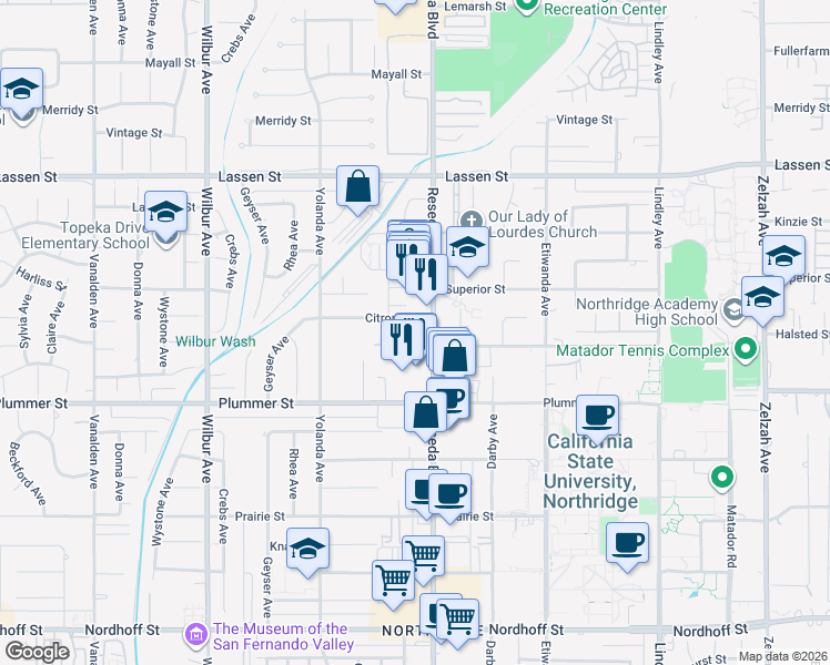 map of restaurants, bars, coffee shops, grocery stores, and more near 18540 Citronia Street in Los Angeles