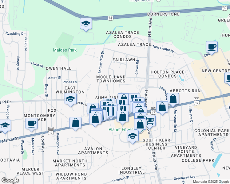 map of restaurants, bars, coffee shops, grocery stores, and more near 309 Saint Rosea Road in Wilmington