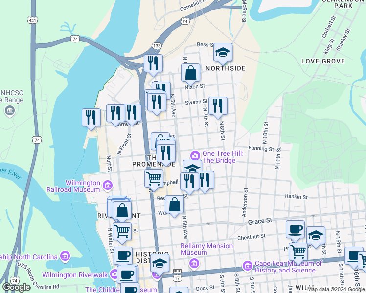 map of restaurants, bars, coffee shops, grocery stores, and more near 801 North 5th Avenue in Wilmington