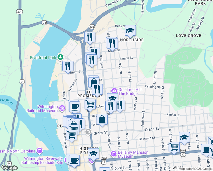map of restaurants, bars, coffee shops, grocery stores, and more near 801 North 5th Avenue in Wilmington