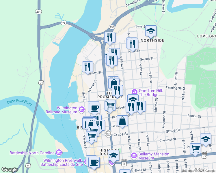 map of restaurants, bars, coffee shops, grocery stores, and more near 805 North 3rd Street in Wilmington