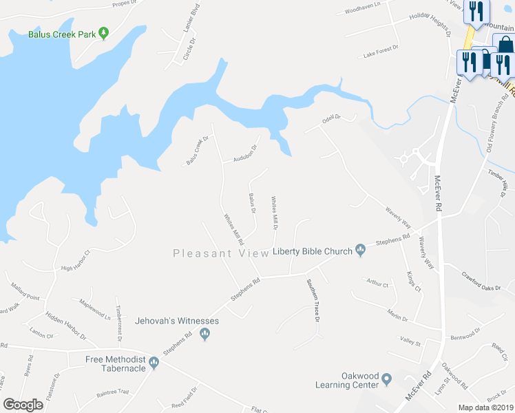 map of restaurants, bars, coffee shops, grocery stores, and more near 5039 Balus Drive in Gainesville