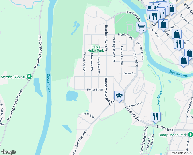 map of restaurants, bars, coffee shops, grocery stores, and more near 206 Grover Street Southwest in Rome
