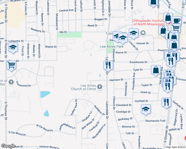 map of restaurants, bars, coffee shops, grocery stores, and more near 1202 Harrison Street in Tupelo